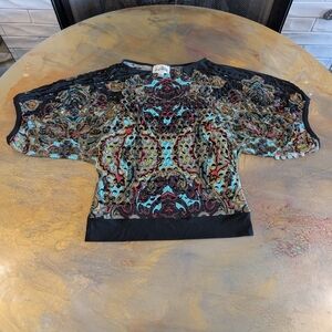 Joseph Ribkoff Cut Away Black Multicolor Paisley Blouse Stretch Size 10 Cropped